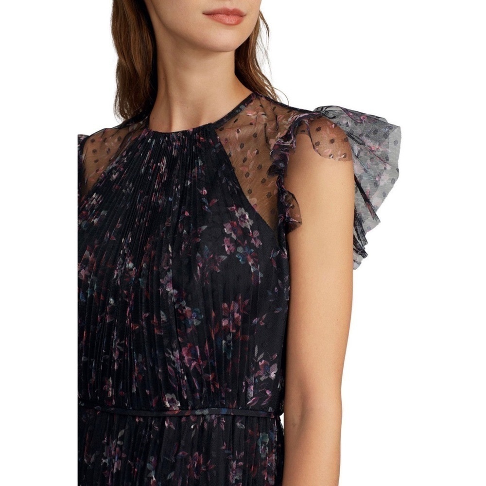 JILL STUART Floral‎ Tulle Sheer Dot Ruffle Flutter Sleeve Pleated Maxi Gown 0 - Picture 7 of 15